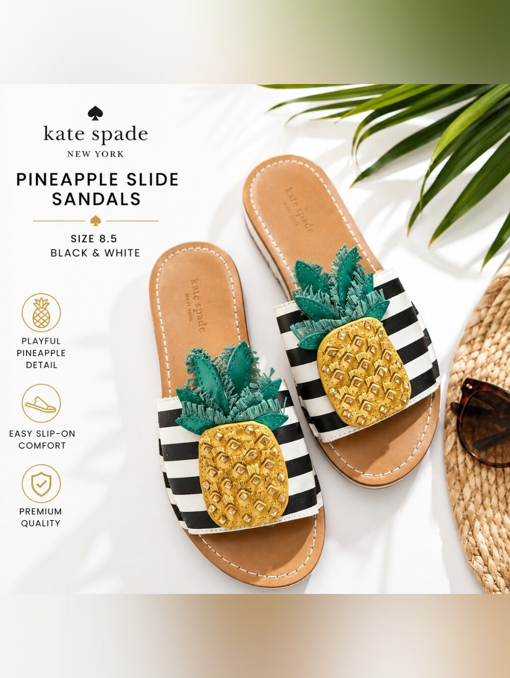 Kate Spade Pineapple Slide Sandals Women’s 8.5 Black White Striped Vacation Wear
